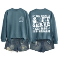 Flat lay of a blue crewneck sweatshirt with text print and ripped denim shorts detail - Blue (White Print)