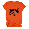 Detail of orange crew neck t-shirt with black TREAT DEALER text and dog paw print - S / Tops / Orange (Black Letters)