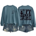 Close-up of vintage blue sweatshirt with 'soft serve' typography and ice cream graphic - Blue (Black Print)