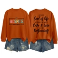 Detailed front and back view of orange crewneck sweatshirt with hospice nurse slogan - Burnt Orange (Black Print)