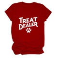 Detail of dark red crew neck t-shirt featuring Treat Dealer text and dog paw print - S / Tops / Red (White Text)