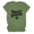 Close-up of olive green t-shirt featuring Treat Dealer text and a paw print design - S / Tops / Olive Green (Black Text)