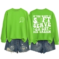 Front and back view of a bright green sweatshirt with 'Soft Serve' text and denim shorts - Fluorescent Green (White Graphic)