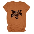 Detail of caramel t-shirt featuring Treat Dealer vintage font and animal paw print - S / Tops / Burnt Orange (Black Text)