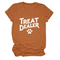 Detail of rust red t-shirt showing the vintage TREAT DEALER print and rolled sleeve cuffs - S / Tops / Burnt Orange (White Text)