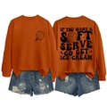 Front and back view of orange crewneck sweatshirt with volleyball ice cream print - Burnt Orange (Black Text)