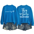 Front and back view of blue sweatshirt with Mimi Life print and ripped denim shorts - Lake Blue (White Font)