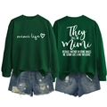 Front and back detail of dark green crewneck sweatshirt with white mimi life printed text - Dark Green (White Font)