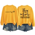 Front and back view of a yellow crewneck sweatshirt with ribbed cuffs and mimi life print - Yellow (Black Text)