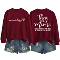 Detail of burgundy crewneck sweatshirt featuring mimi life print and ripped denim shorts - Wine Red (White Font)