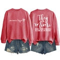 Detailed front and back view of red Mimi Life sweatshirt and frayed denim shorts set - Red (White Font)