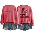 Detail of red crewneck sweatshirt with mimi life print and distressed denim shorts - Red (Black Text)