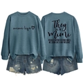 Front and back view of a grey-blue sweatshirt with Mimi Life print and ripped denim shorts - Blue (Black Font)