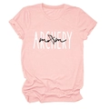 Macro detail of Archery Mom print on a pink round neck short sleeve cotton T-shirt - Pink