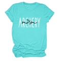 Detail of the Archery Mom print on a teal crew neck short sleeve cotton T-shirt - Deep Water Blue