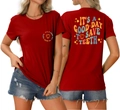 Close-up of the front and back dental theme prints on the red crewneck cotton T-shirt - S / Red (IT'S A GOOD DAY TO SAVE TEETH)