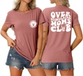 Detail of white Over Stimulated Moms Club print on dusty pink cotton T-shirt for women - S / Rose Gold (White Font)