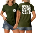 Detail of Overstimulated Moms Club T-shirt in dark green with skull print and white text - S / Army Green (White Font)