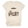 Detail van creatieve kat en UFO-print op beige katoenen T-shirt met ronde hals en mouwen - S / Zand (Grafisch)