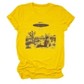 Detail of vibrant yellow cotton T-shirt featuring a cat and UFO desert screen print design - Yellow (Color Graphic)