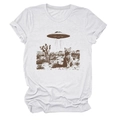 Close-up of retro UFO and cat graphic on white cotton crew neck T-shirt with rolled sleeves - White (Color Graphic)
