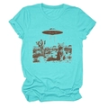 Detail of teal t-shirt featuring vintage UFO and cat graphic print on soft fabric - Deep Water Blue (Graphic)