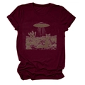 Detail of burgundy cat and UFO graphic print on a soft cotton crewneck T-shirt - Wine Red (Color Graphic)