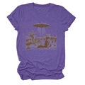 Detail of the UFO and cat graphic print on a purple textured cotton t-shirt - Purple (Graphic)