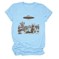 Light blue t-shirt with retro cat, desert, and UFO graphic print for women - Light Blue (Graphic)