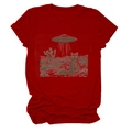 Detail of red cotton T-shirt featuring a retro UFO and cat graphic print in desert setting - Red (Graphic)