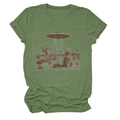 Detail of creative UFO and cat print on a light green cotton crew neck t-shirt for women - Olive Green (Color Graphic)