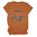 Detail of vintage UFO and cat graphic print on rust orange crew neck t-shirt - Burnt Orange (Graphic)