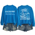 Flat lay view of blue Booktrovert sweatshirt with book and flower illustrations on the back - S / Lake Blue (White Graphic)