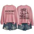 Detailed front and back view of pink Booktrovert sweatshirt with graphic print and denim shorts - S / Rose Gold (Black Letters)