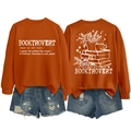 Detailed back view of orange sweatshirt featuring floral book and coffee line art - S / Rust Orange (White Graphic)