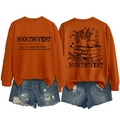 Front and back detail of orange Booktrovert sweatshirt with blue distressed denim shorts - S / Rust Orange (Black Graphic)