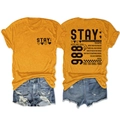 Platliggende set van oranje T-shirt met rugprint en distressed denim short voor dames - Mosterdgeel (Zwarte Afdruk)