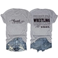 Flat lay of gray Wrestling Mom t-shirt paired with distressed denim shorts on white background - Light Grey (Black Font)