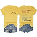 Detail view of ginger yellow cotton T-shirt with motivational back print and denim shorts - S / Yellow (Black Print)
