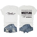 Flat lay of Wrestling Mom white cotton T-shirt with distressed denim shorts - White (Black Font)