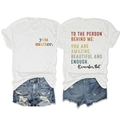 Detail of inspirational colorful text print on white cotton t-shirt with denim shorts - S / White (Black Print)