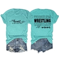 Detail of mint green Wrestling Mom t-shirt and frayed denim shorts set back and front view - Deep Water Blue (Black Font)