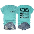 Detail van het mintgroene T-shirt met stay tomorrow 988 prints voor geestelijke gezondheid - Diepwaterblauw (Zwarte Print)