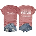 Detail of Wrestling Mom t-shirt print with distressed denim shorts on white background - Rose Gold (White Font)