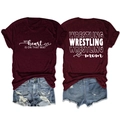 Detail view of front and back print on burgundy Wrestling Mom short sleeve T-shirt - Wine Red (White Font)