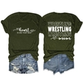 Detail of olive green Wrestling Mom T-shirt with heart print and soft cotton texture - Army Green (White Font)