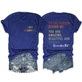 Front and back detail of a navy blue cotton T-shirt with inspirational graphic prints - S / Retro Blue (White Print)