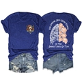 Detail showing skull floral back print and dark blue cotton fabric texture of the t-shirt - S / Retro Blue Front Chest (White Graphic)
