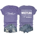 Flat lay of Wrestling Mom t-shirt and distressed denim shorts showing front and back designs - Purple (White Font)
