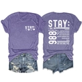 Paars T-shirt met ronde hals, Stay Tomorrow print en tekst, getoond met korte spijkerbroek - Paars (Witte Print)